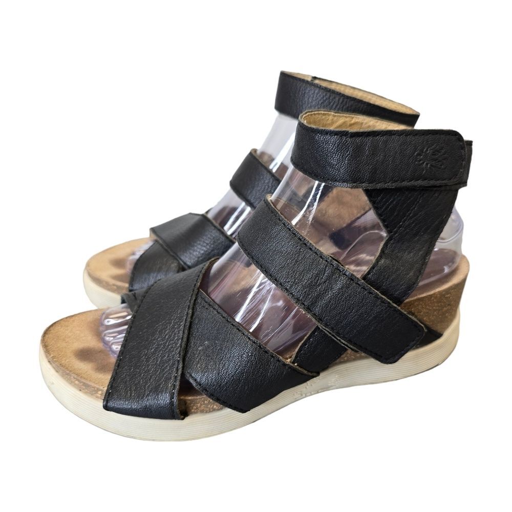 Fly London Women's Wedgefly Black Leather Platform Sandals EU 39